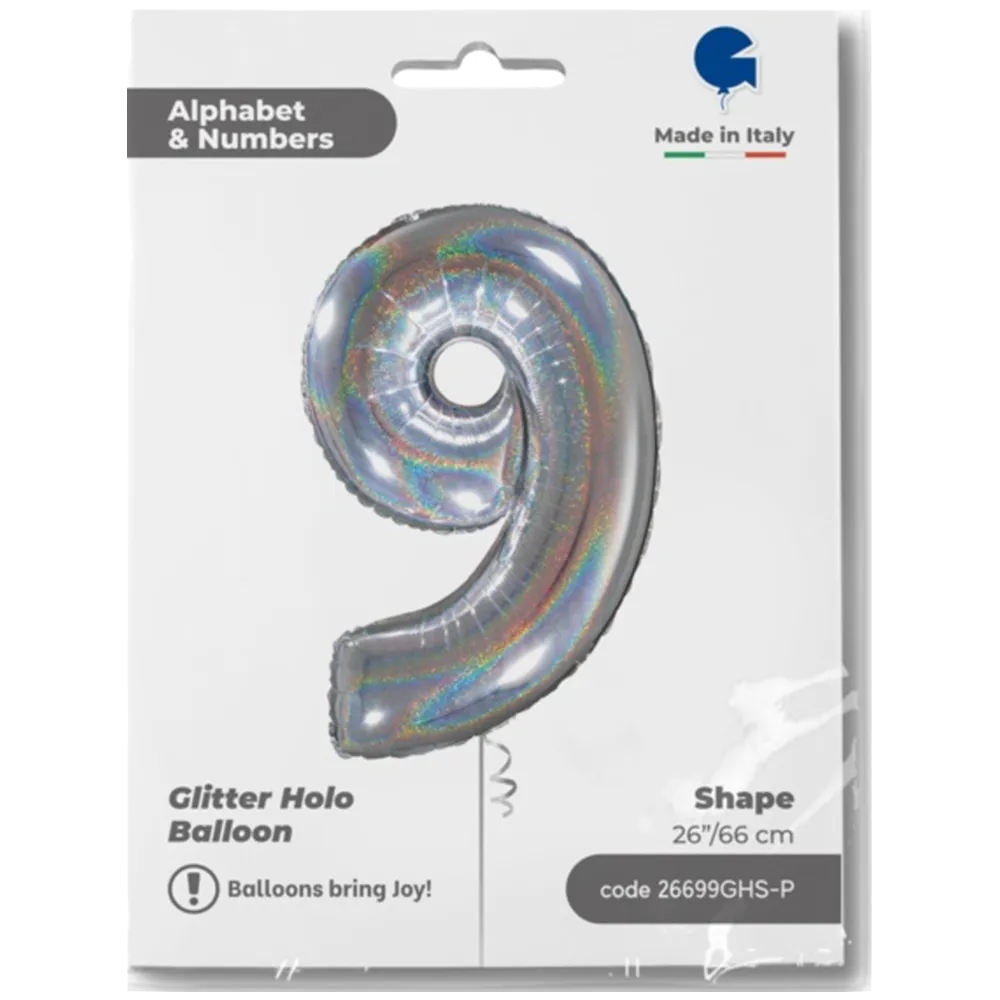 Balon Folie CIFRA 9 Holographic Glitter 66 cm Grabo