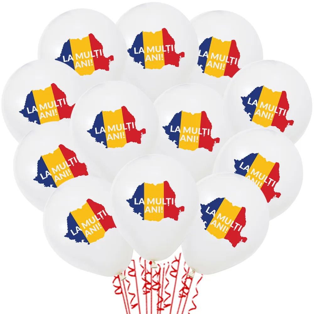 Set 12 Baloane Latex 30 cm Albe cu Print Tricolor Romania 2