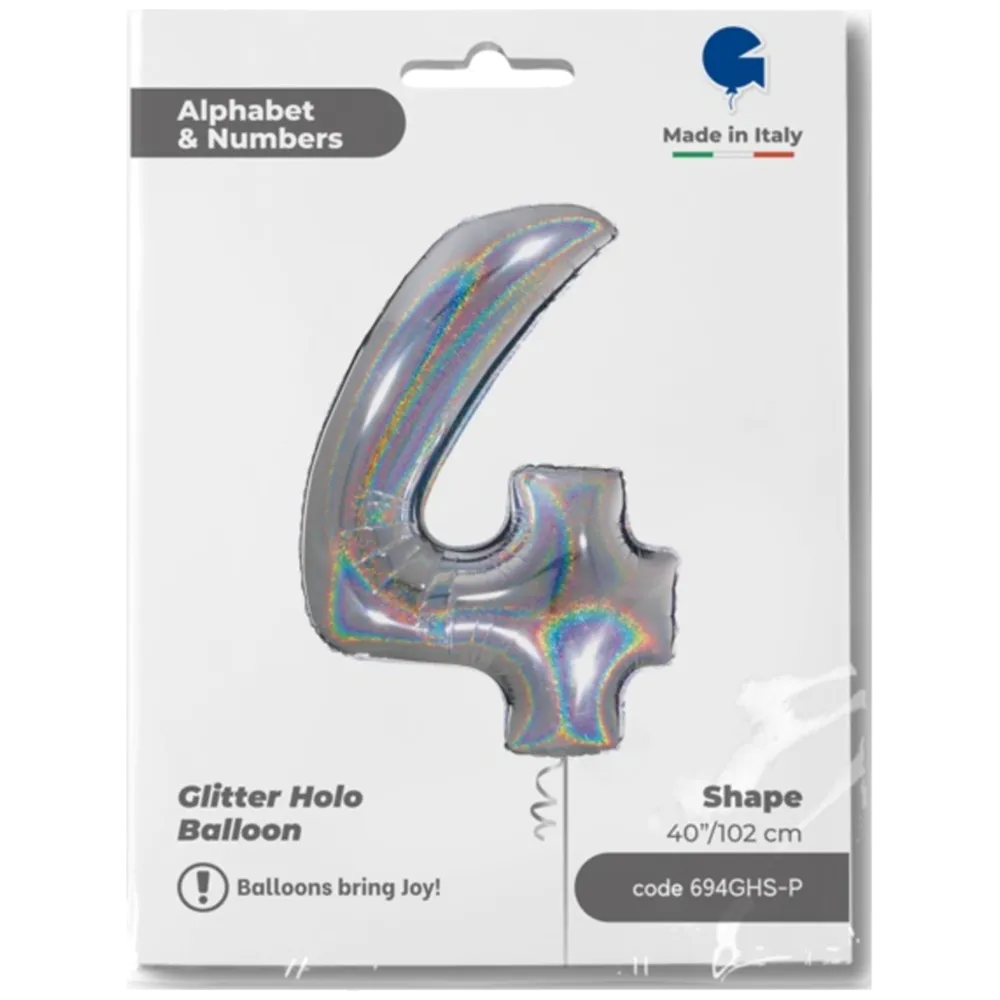 Balon Folie JUMBO CIFRA 4 Argintiu Holografic 102 cm Grabo