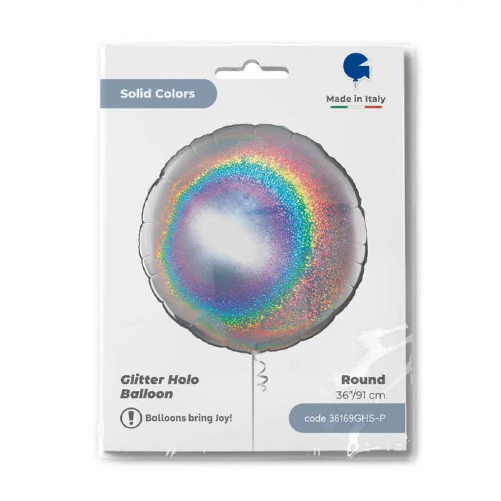 Balon Folie Rotund Jumbo Argintiu Holografic Glitter 91cm Grabo