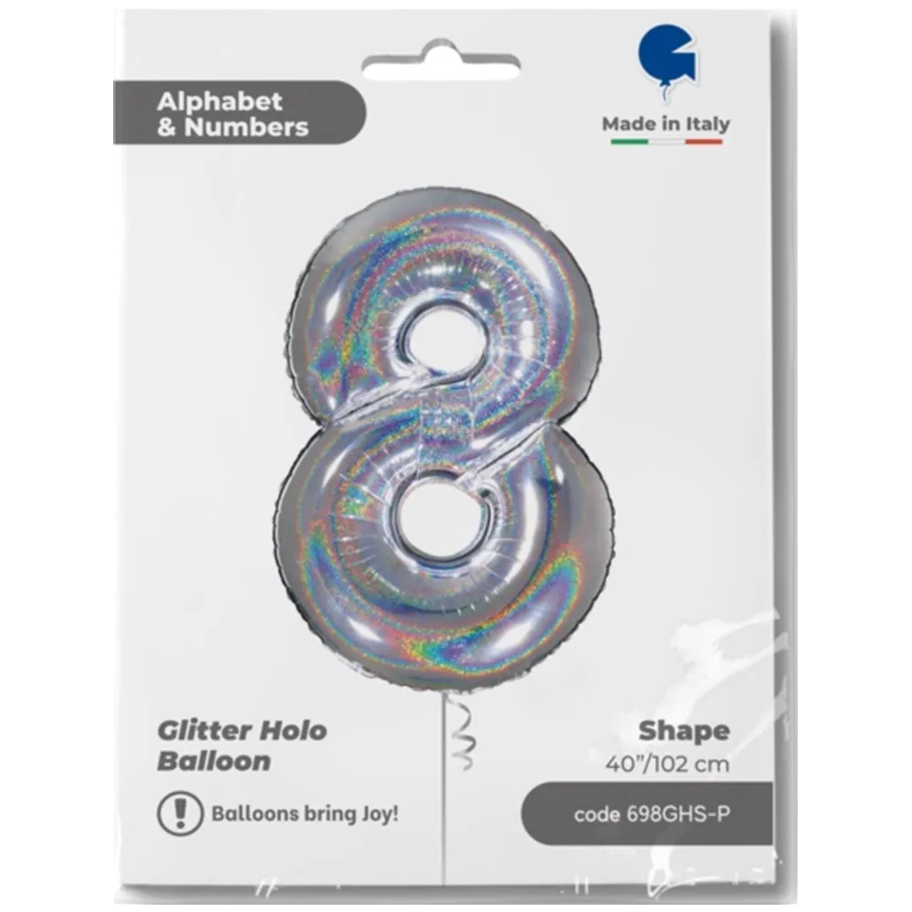 Balon Folie JUMBO CIFRA 8 Argintiu Holografic 102 cm Grabo