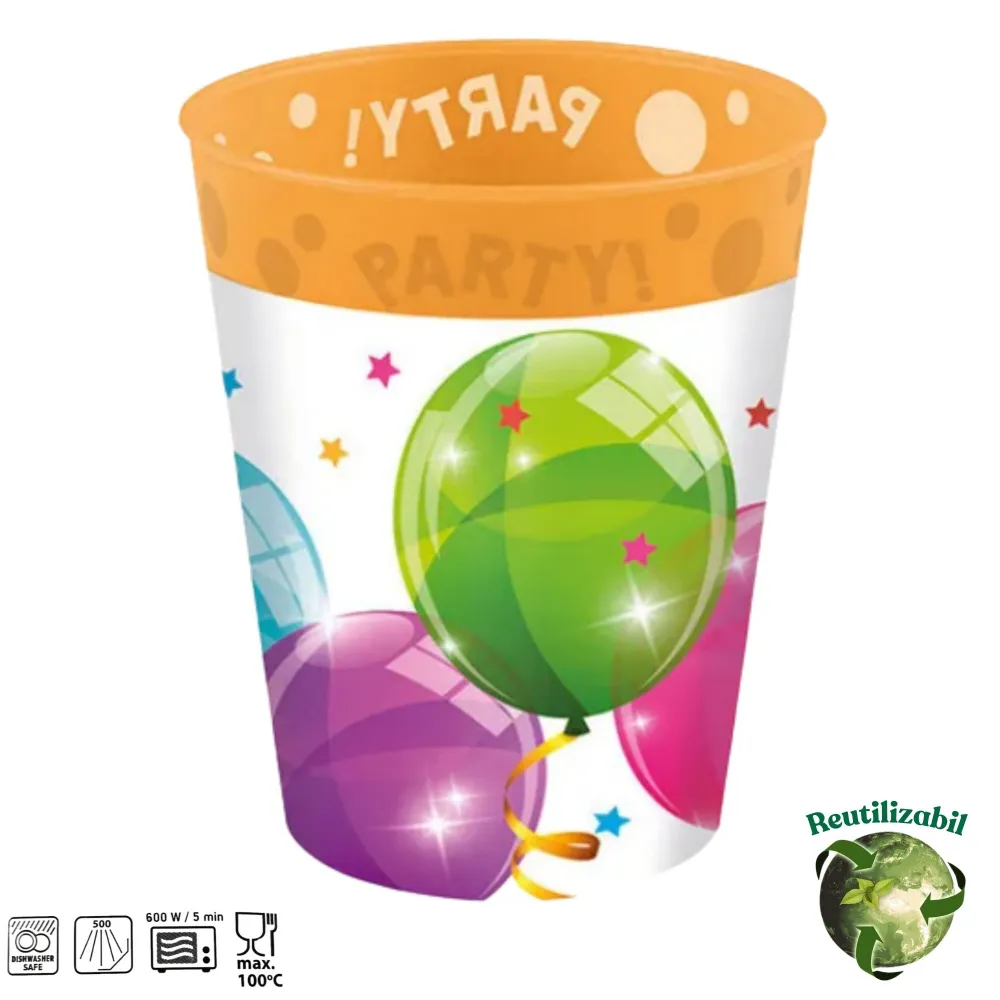 Set 4 Pahare Petrecere Reutilizabile 250ml Baloane Colorate