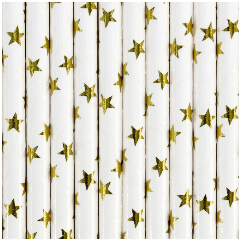 Set 10 Paie bautura hartie alba cu stelute aurii 19.5cm