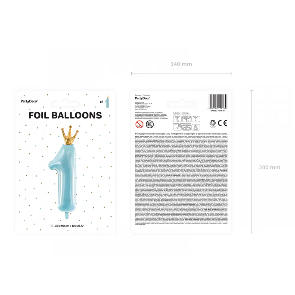 Balon folie Figurina Cifra 1 Bleu Deschis cu Coronita