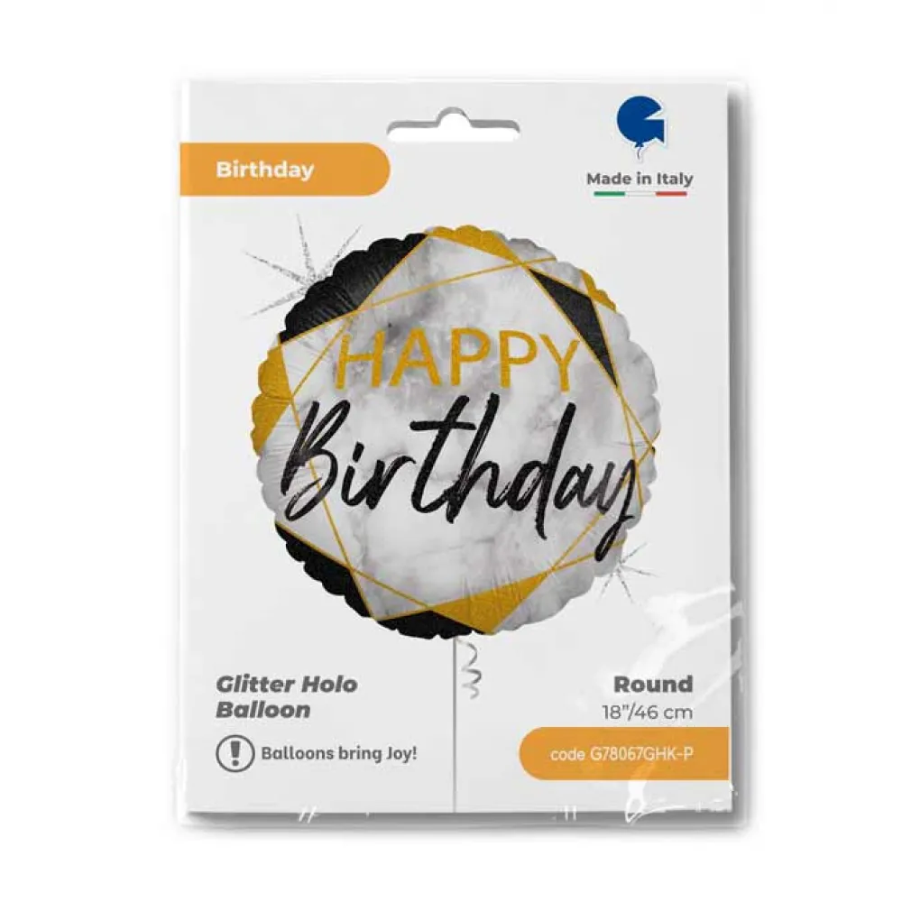 Balon Folie Rotund Black Marble Happy Birthday 46 cm Grabo