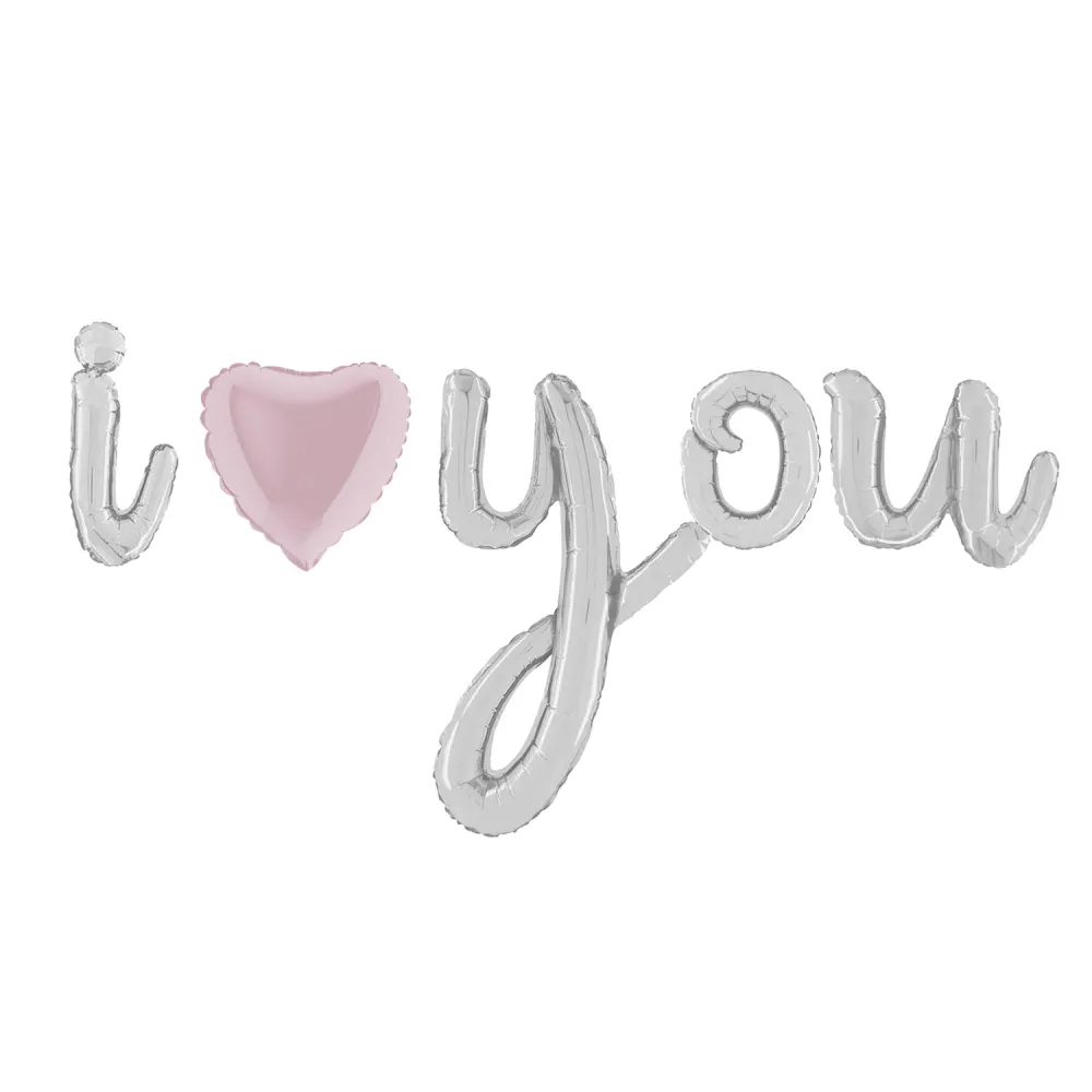Baloane folie scris cursiv I Love You argintiu cu inima roz