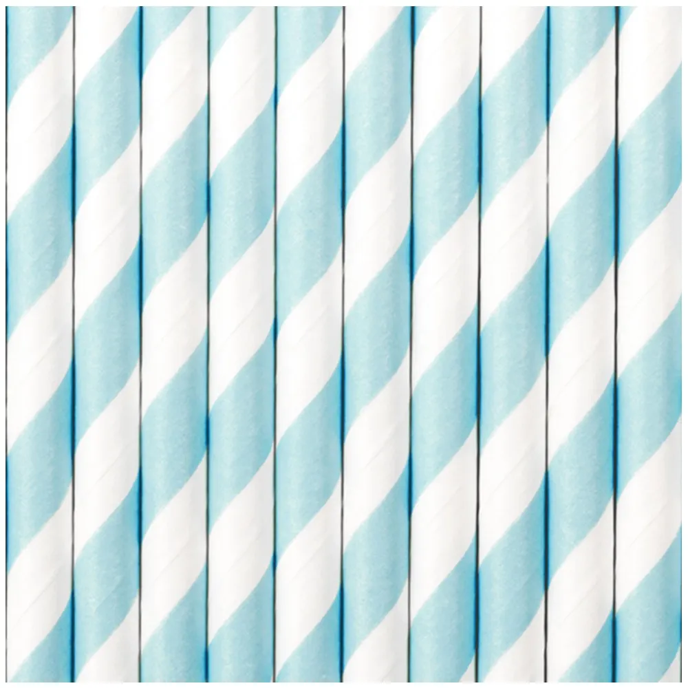 Set 10 Paie bautura hartie bleu deschis cu dungi albe 19.5 cm
