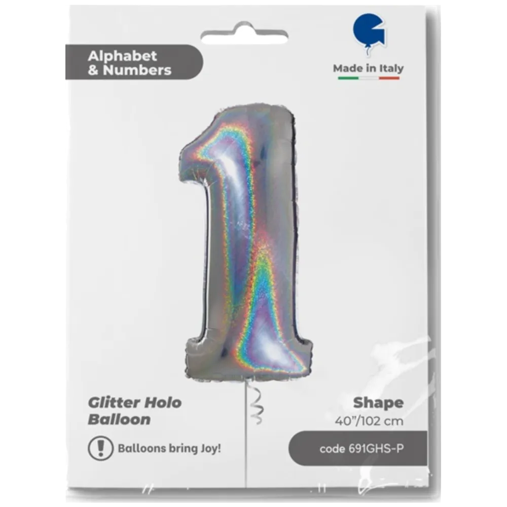 Balon Folie JUMBO CIFRA 1 Argintiu Holografic 102 cm Grabo