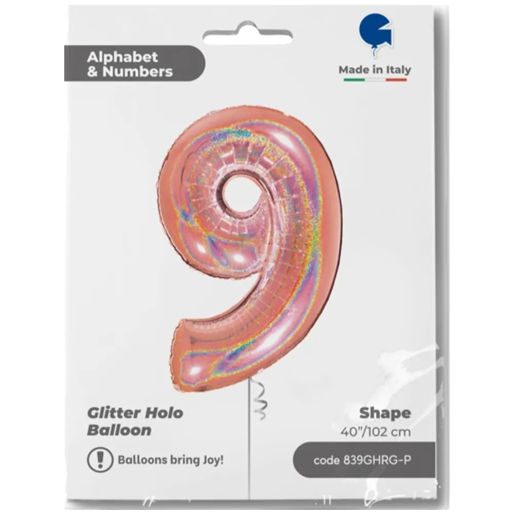 Balon Folie Jumbo CIFRA 9 Rose Gold Glitter 102 cm Grabo