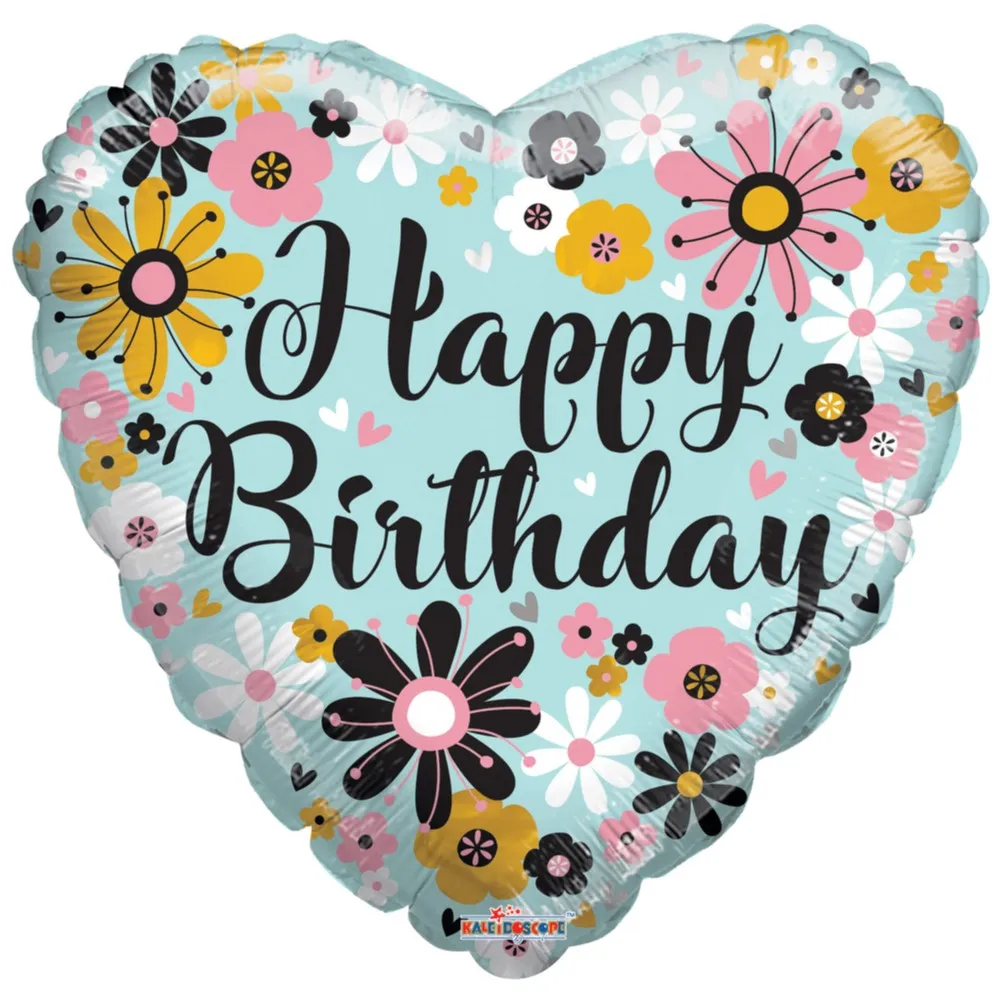 Balon folie Happy Birthday inima cu floricele