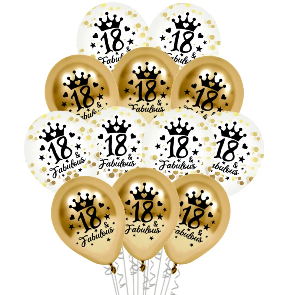 Set 12 Baloane Majorat Auriu si Transparent cu Confetti Print 18 Fabulous