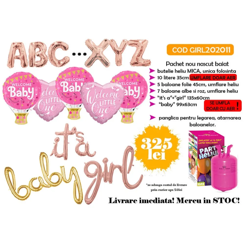 Pachet baloane Nou Nascut - FETITA cu Butelie heliu mica GIRL202011