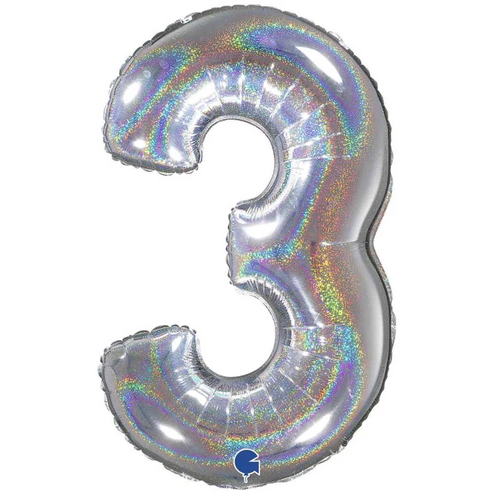 Balon Folie JUMBO CIFRA 3 Argintiu Holografic 102 cm Grabo