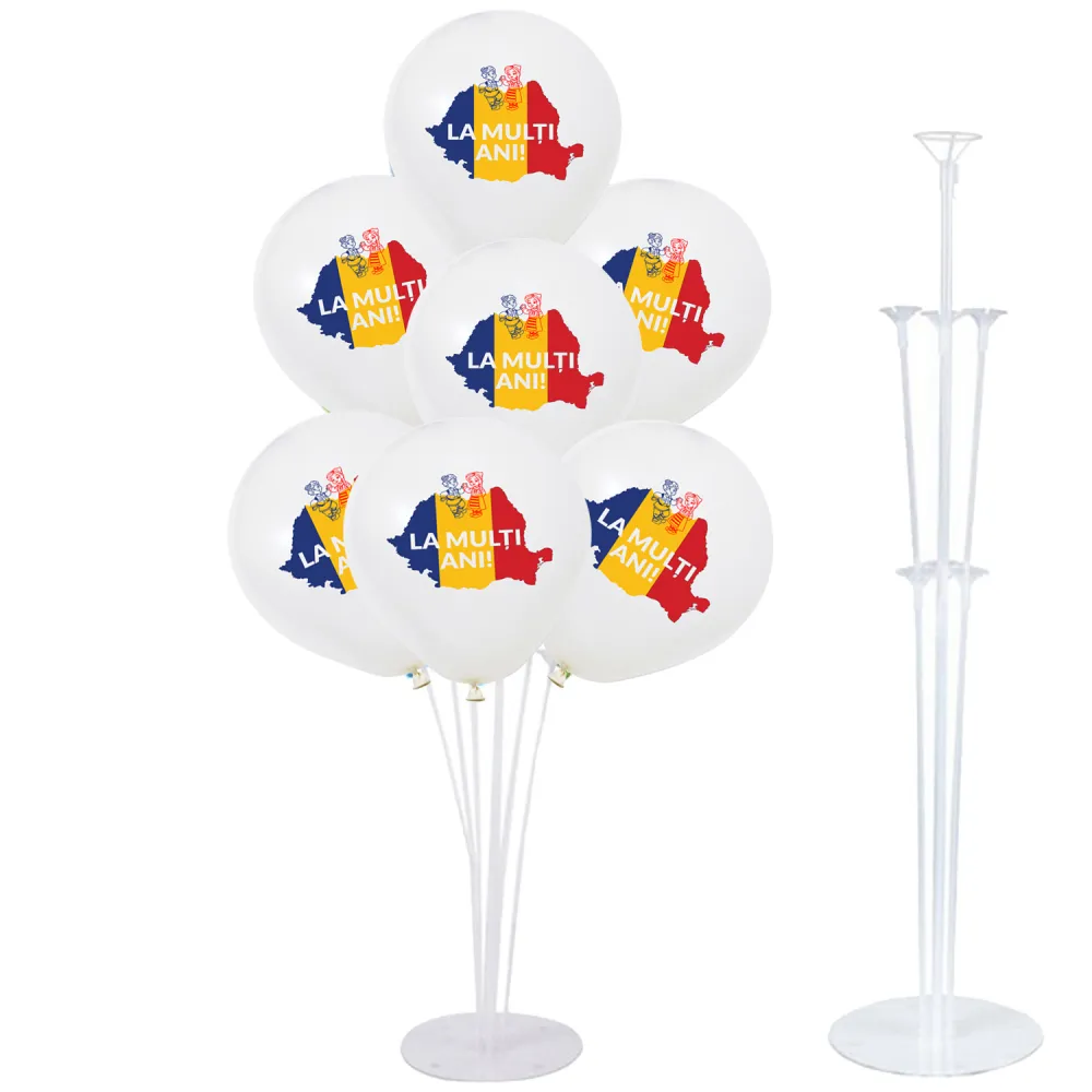 Set Suport cu 7 Baloane Latex 30 cm Albe Print Tricolor Romania