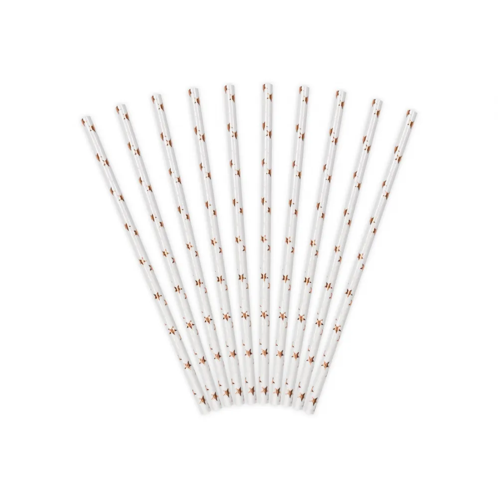 Set 10 Paie bautura hartie alba cu stelute rose gold 19.5cm