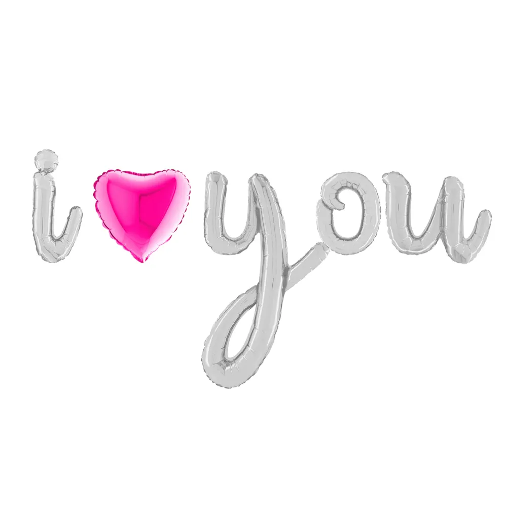 Baloane folie scris cursiv I Love You argintiu cu inima fucsia