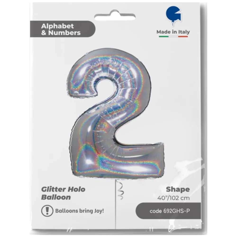 Balon Folie JUMBO CIFRA 2 Argintiu Holografic 102 cm Grabo