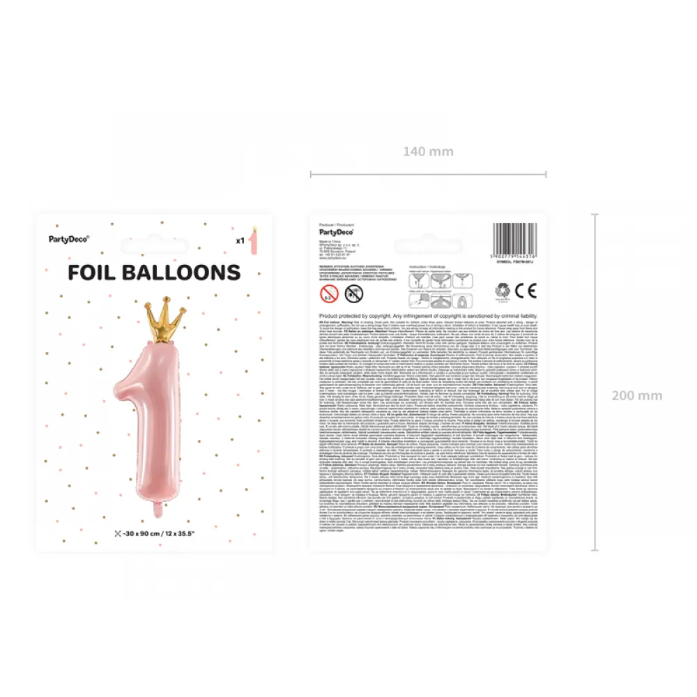 Balon folie Figurina Cifra 1 Roz Pudra cu Coronita