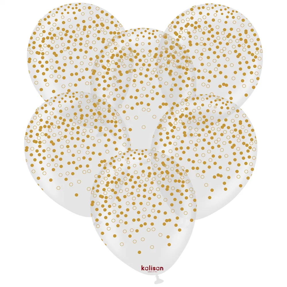SET 25 Baloane latex 30cm Transparente cu Print Confetti Gold