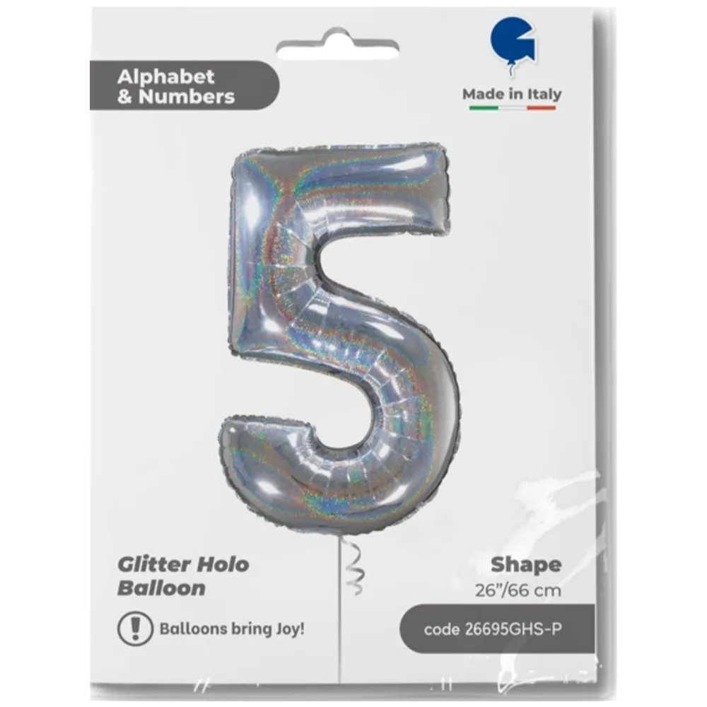 Balon Folie CIFRA 5 Holographic Glitter 66 cm Grabo
