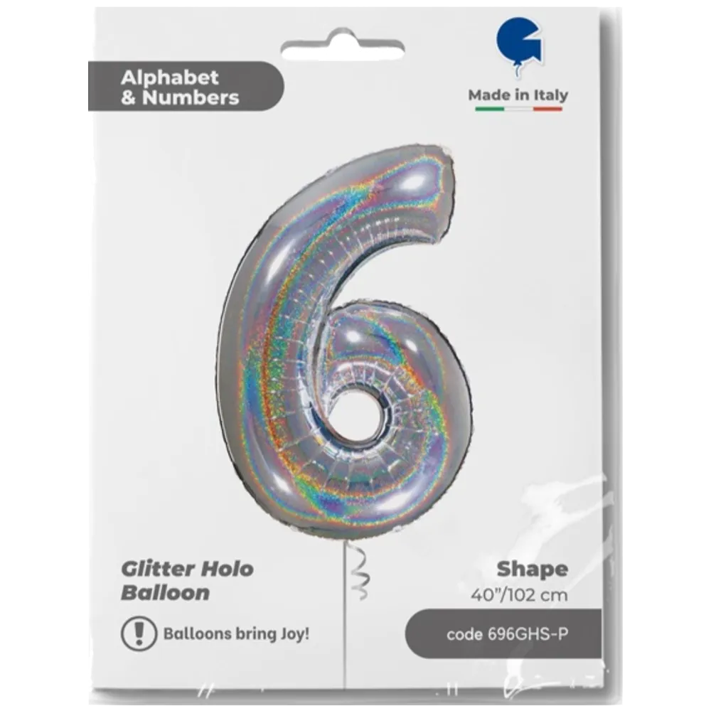 Balon Folie JUMBO CIFRA 6 Argintiu Holografic 102 cm Grabo