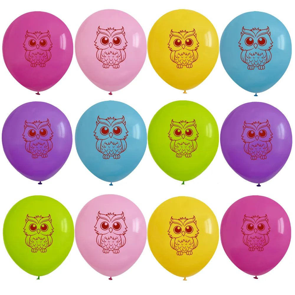 Set 12 Baloane Latex 30 cm Asortate Print Bufnite Colorate (fata-verso)