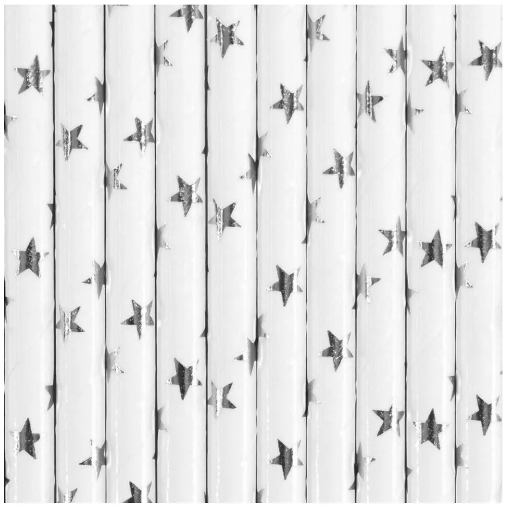 Set 10 Paie bautura hartie alba cu stelute argintii 19.5cm