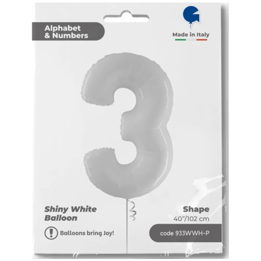 Balon Folie Jumbo CIFRA 3 Shiny White 102 cm Grabo