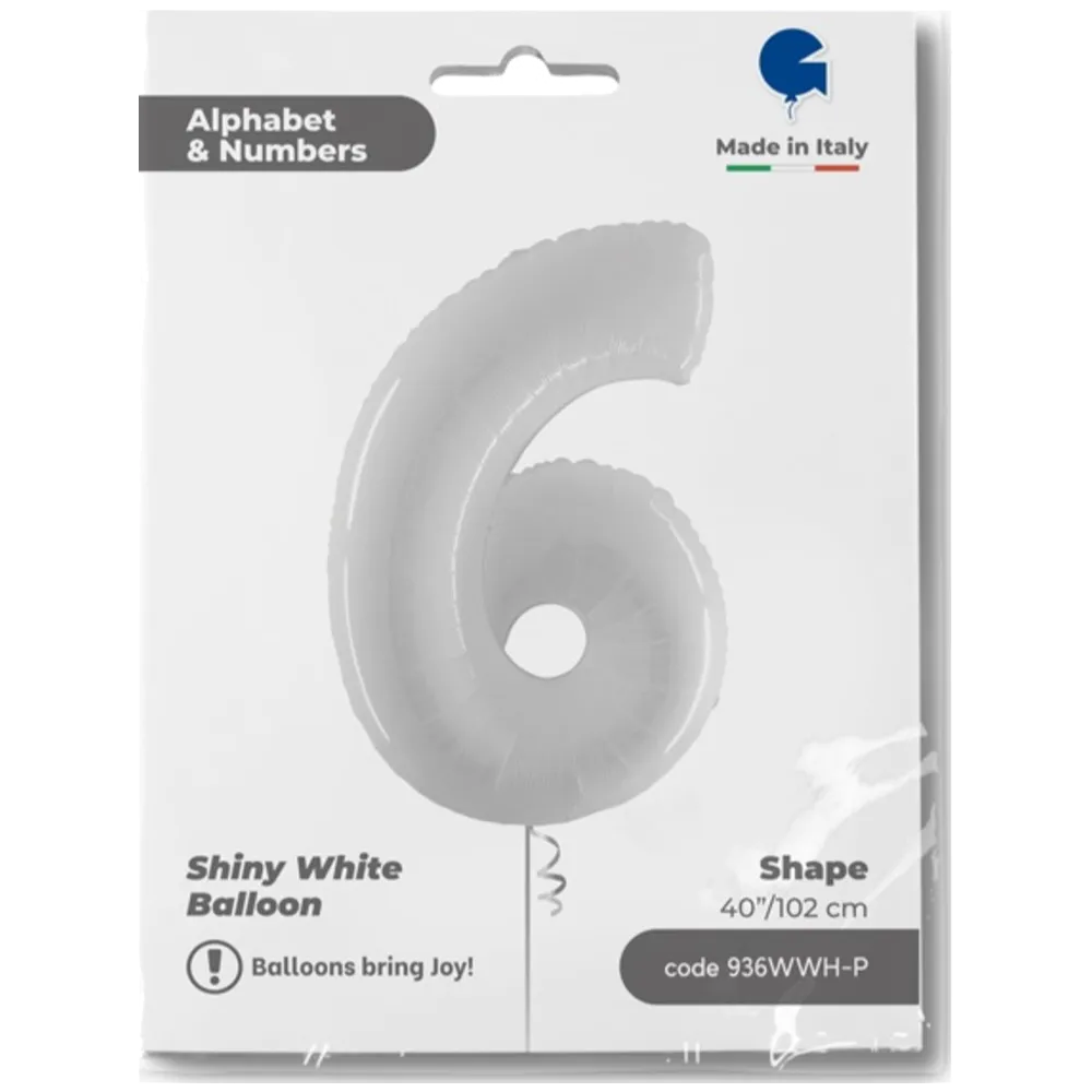 Balon Folie Jumbo CIFRA 6 Shiny White 102 cm Grabo