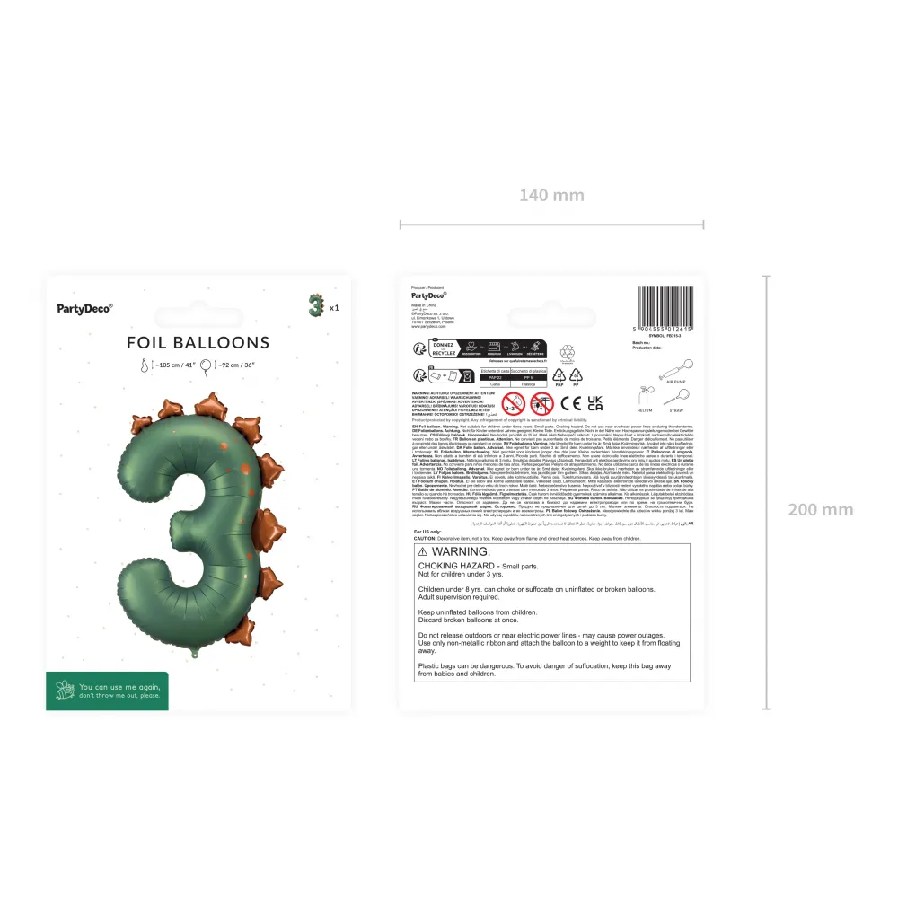 Balon Folie Cifra 3 Dinozaur 92cm