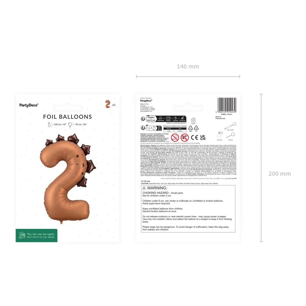 Balon Folie Cifra 2 Dinozaur 92cm