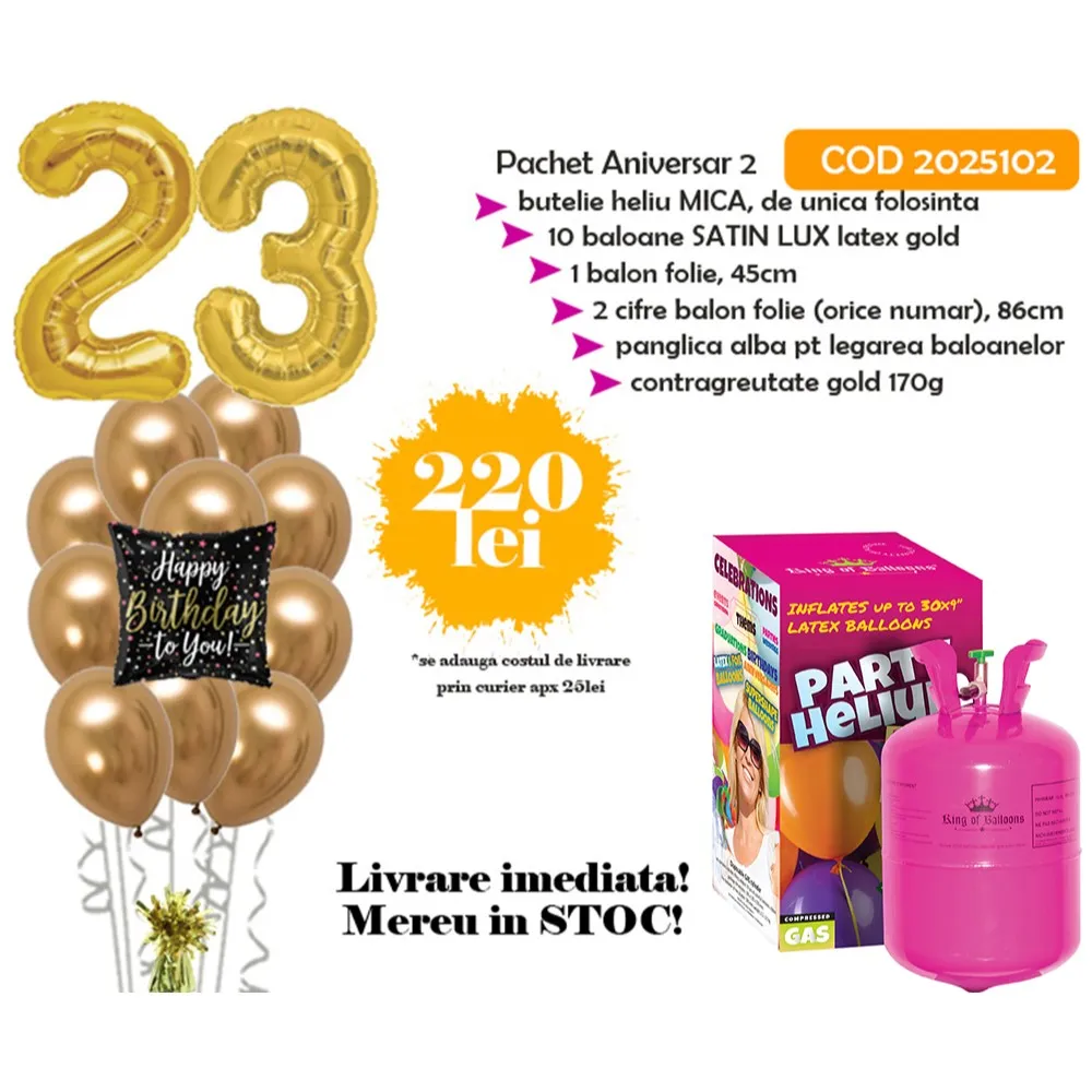 Pachet Baloane aniversare 2 + Butelie heliu MICA COD 2025102