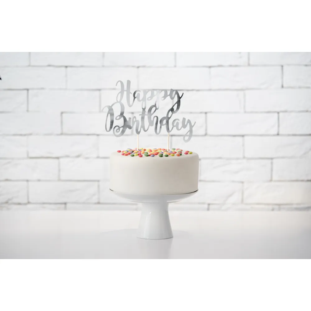 Decoratiune pentru Tort Happy Birthday Argintiu 22.5cm