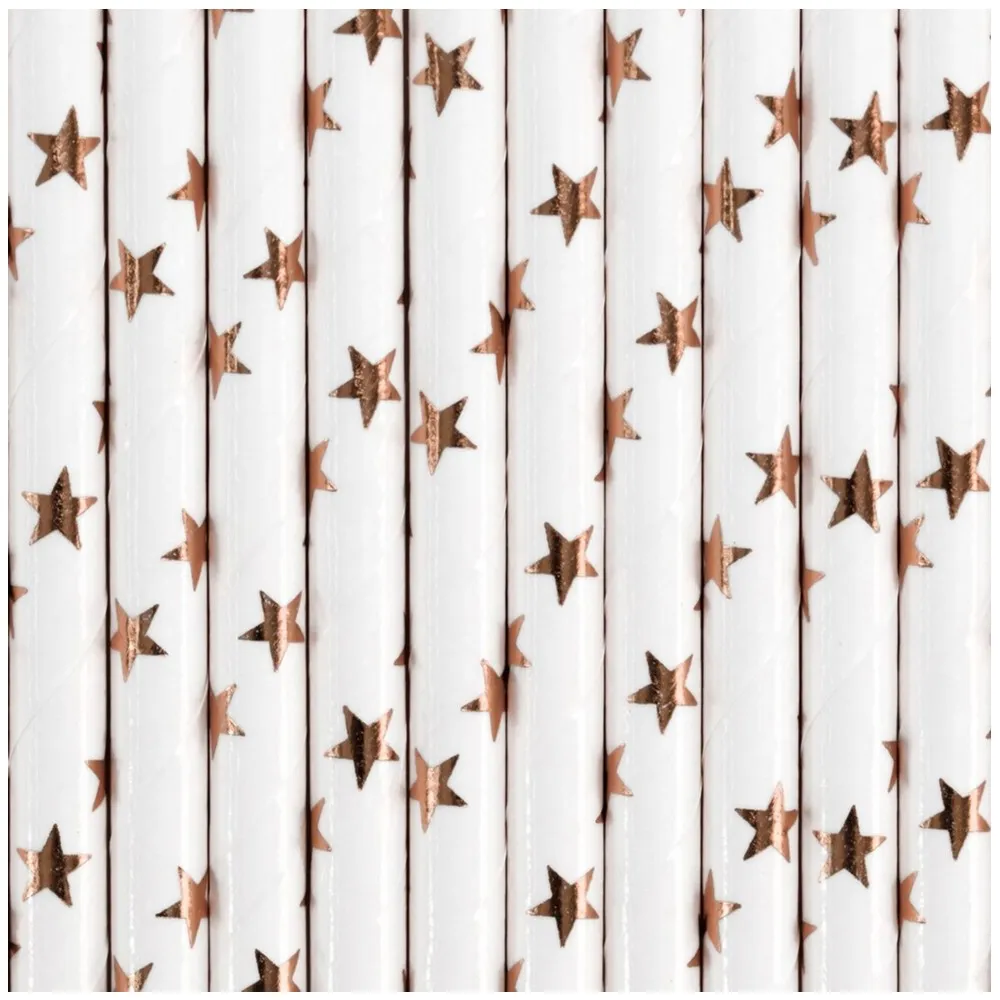 Set 10 Paie bautura hartie alba cu stelute rose gold 19.5cm