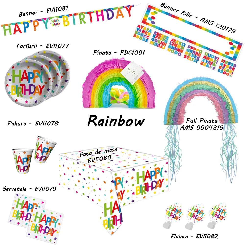 Set 8 Pahare Petrecere cu print Rainbow Happy Birthday HB7122