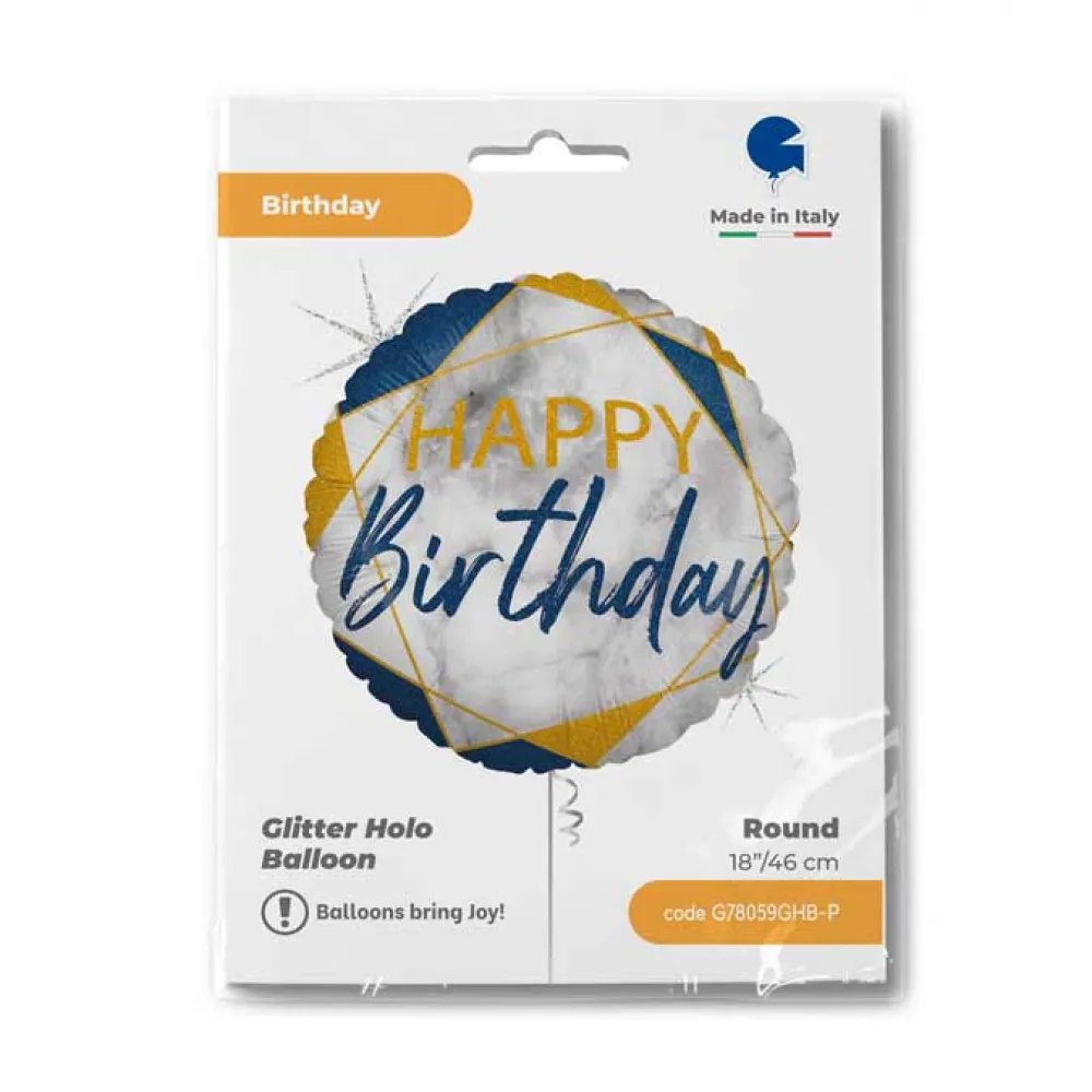 Balon Folie Rotund Blue Marble Happy Birthday 46 cm Grabo