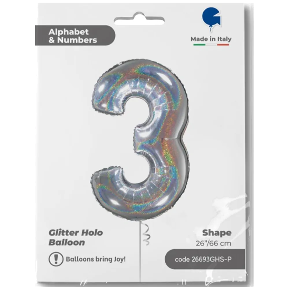 Balon Folie CIFRA 3 Holographic Glitter 66 cm Grabo