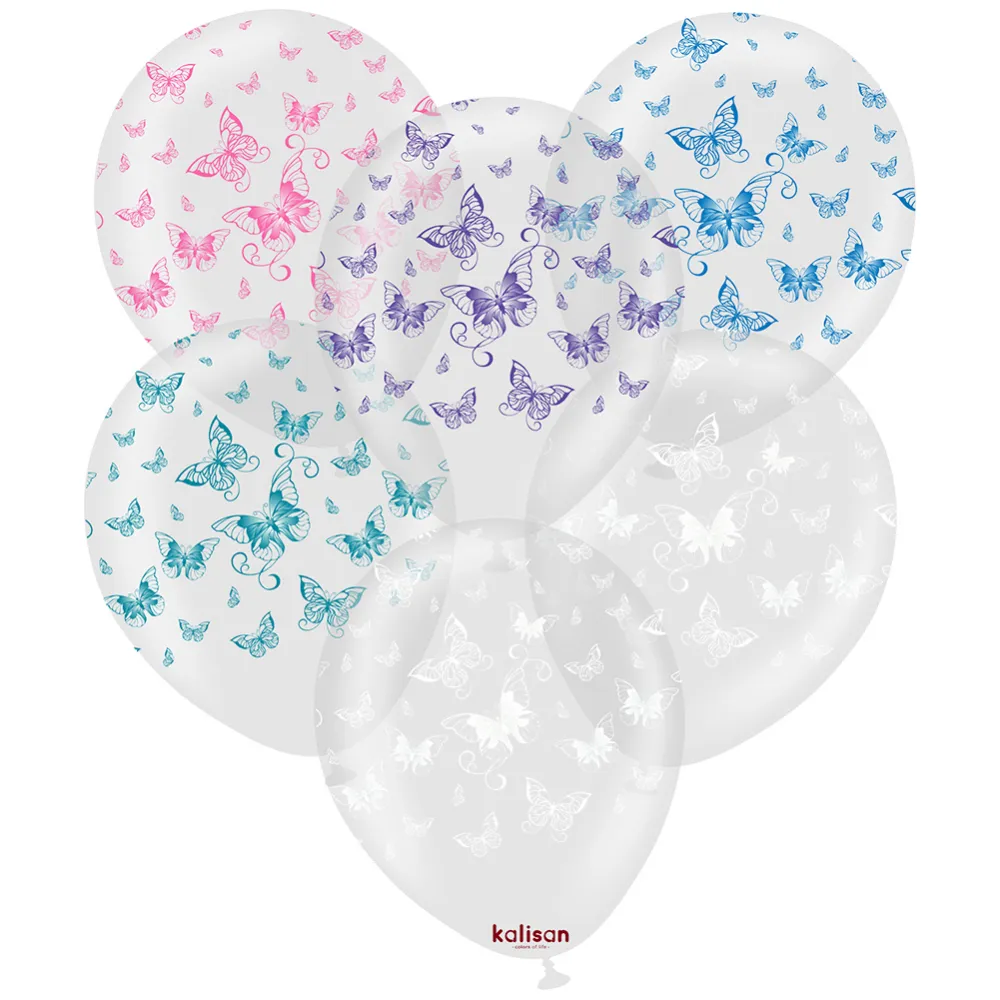 SET 25 Baloane latex 30cm Transparente cu print Fluturi