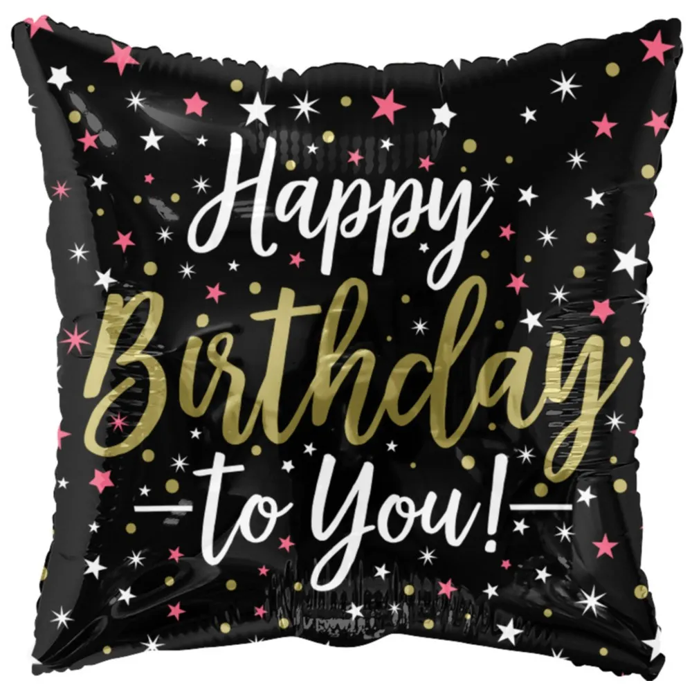 Balon folie Happy Birthday patrat negru cu auriu