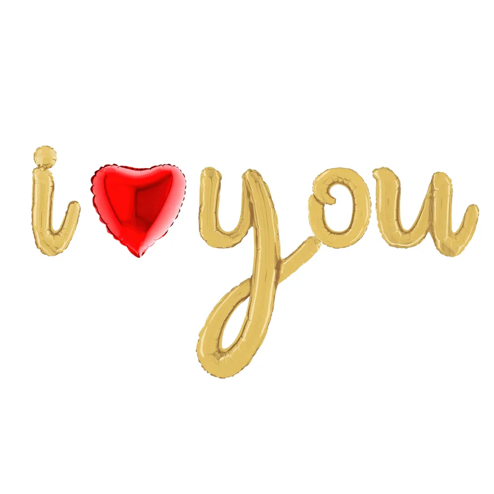 Baloane folie scris cursiv I Love You auriu cu inima rosie