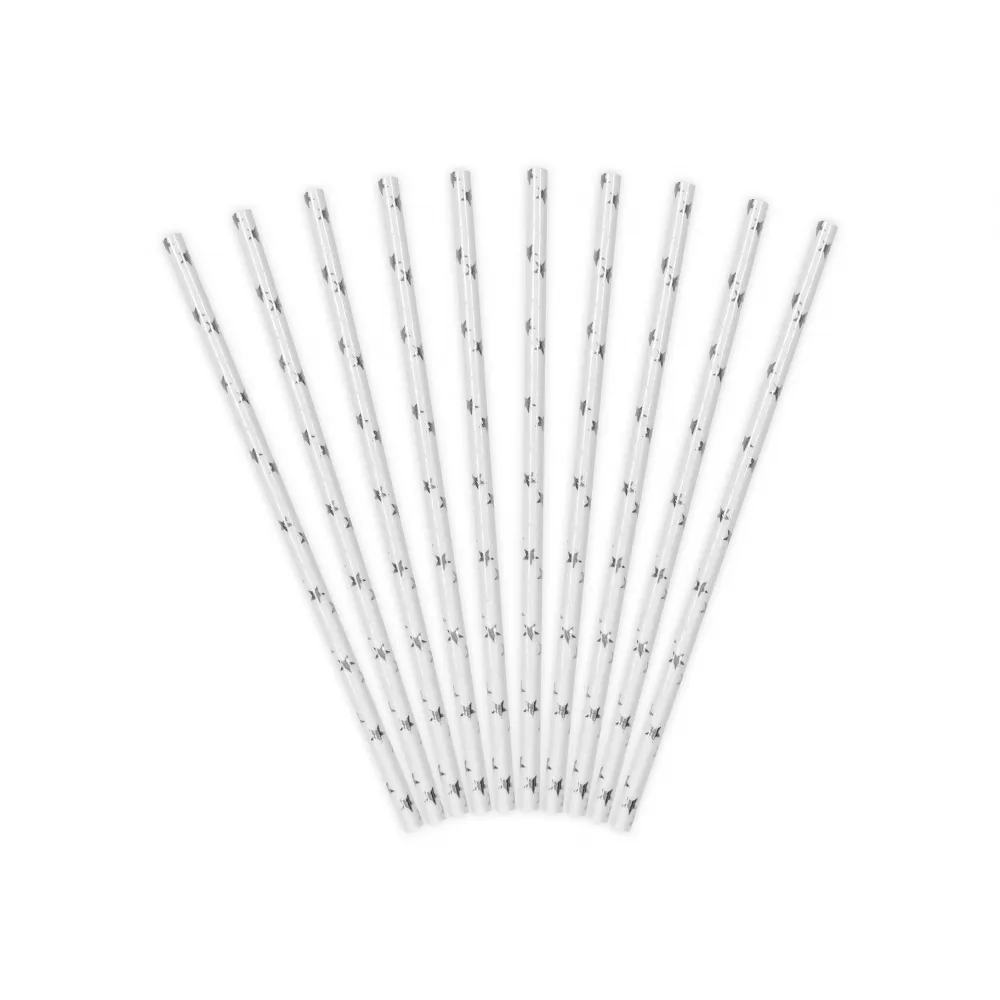 Set 10 Paie bautura hartie alba cu stelute argintii 19.5cm