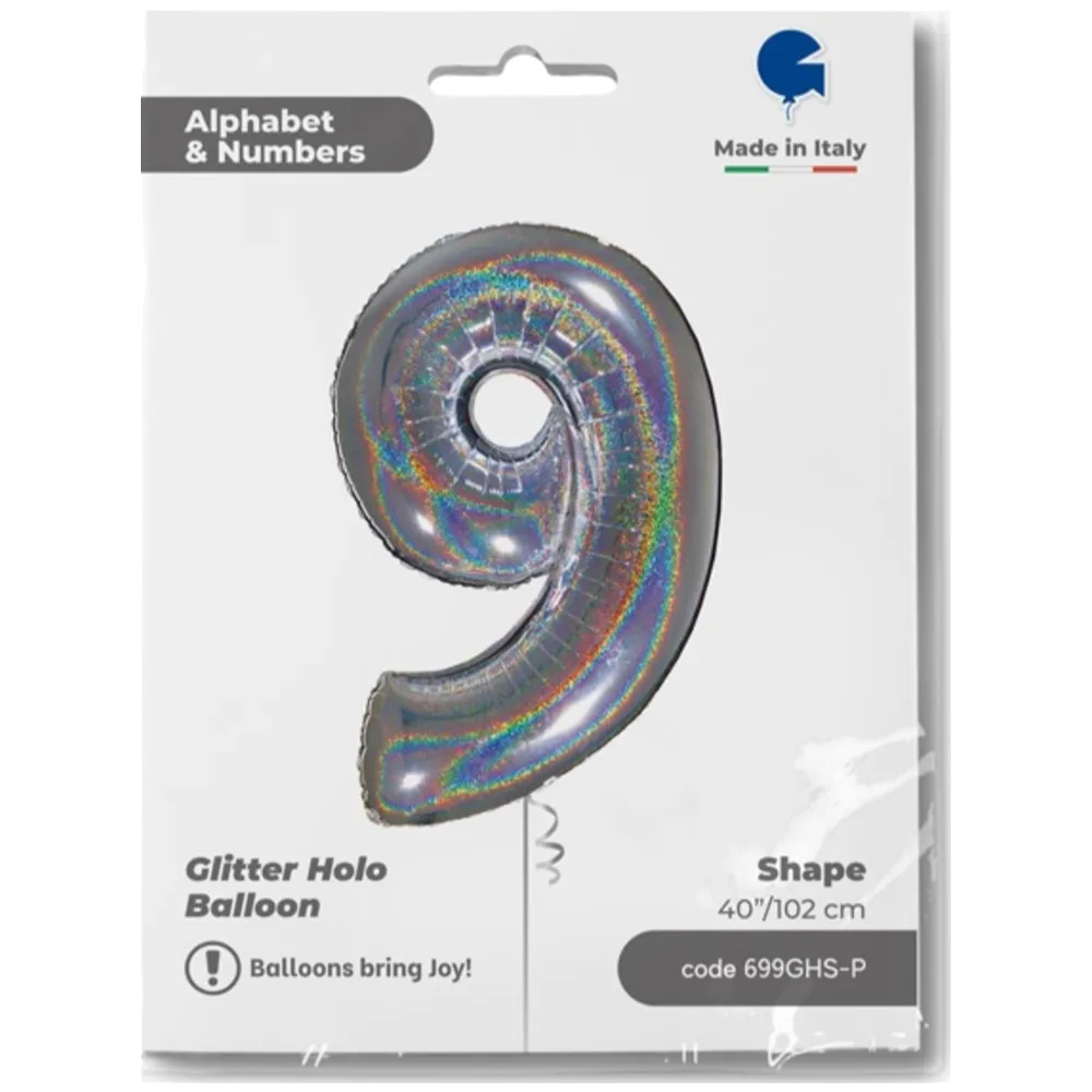 Balon Folie JUMBO CIFRA 9 Argintiu Holografic 102 cm Grabo