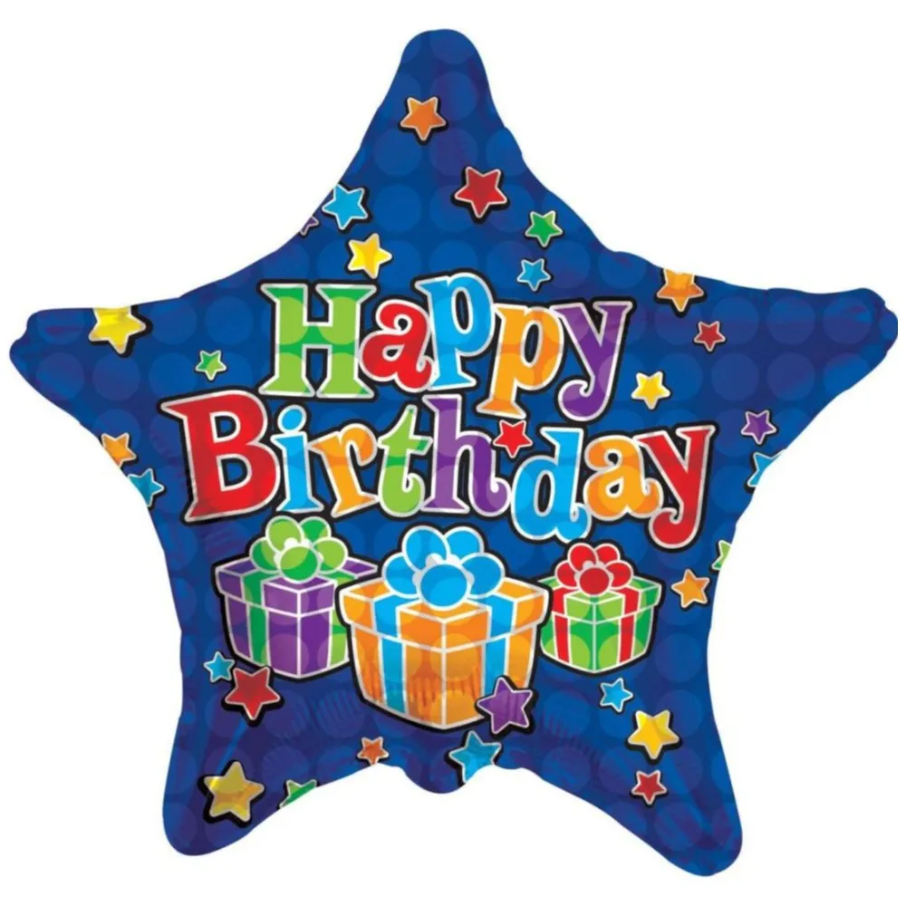 Balon folie Happy Birthday stea albastra cu cadouri 17785