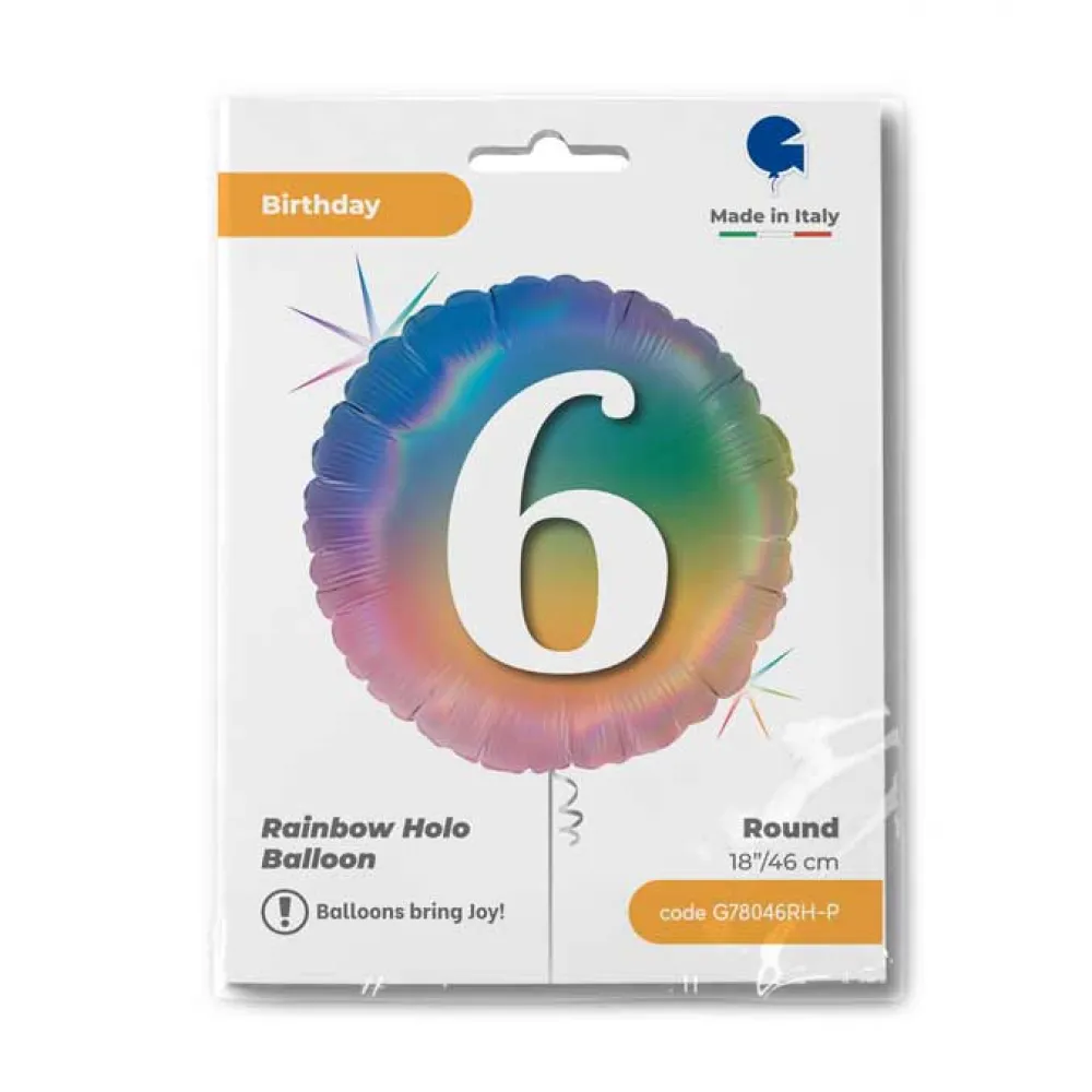 Balon Folie Rotund CIFRA 6 Rainbow 46 cm Grabo