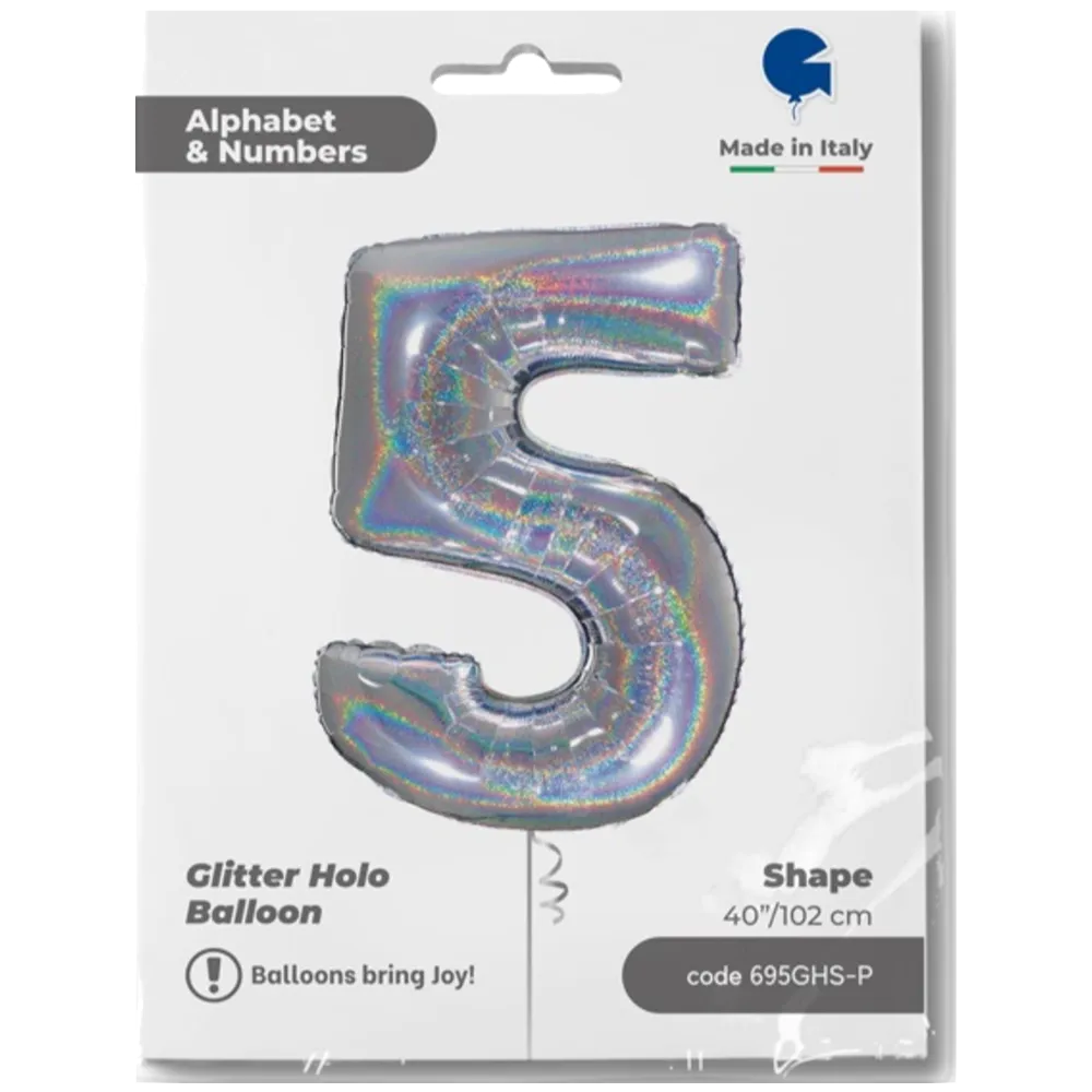 Balon Folie JUMBO CIFRA 5 Argintiu Holografic 102 cm Grabo