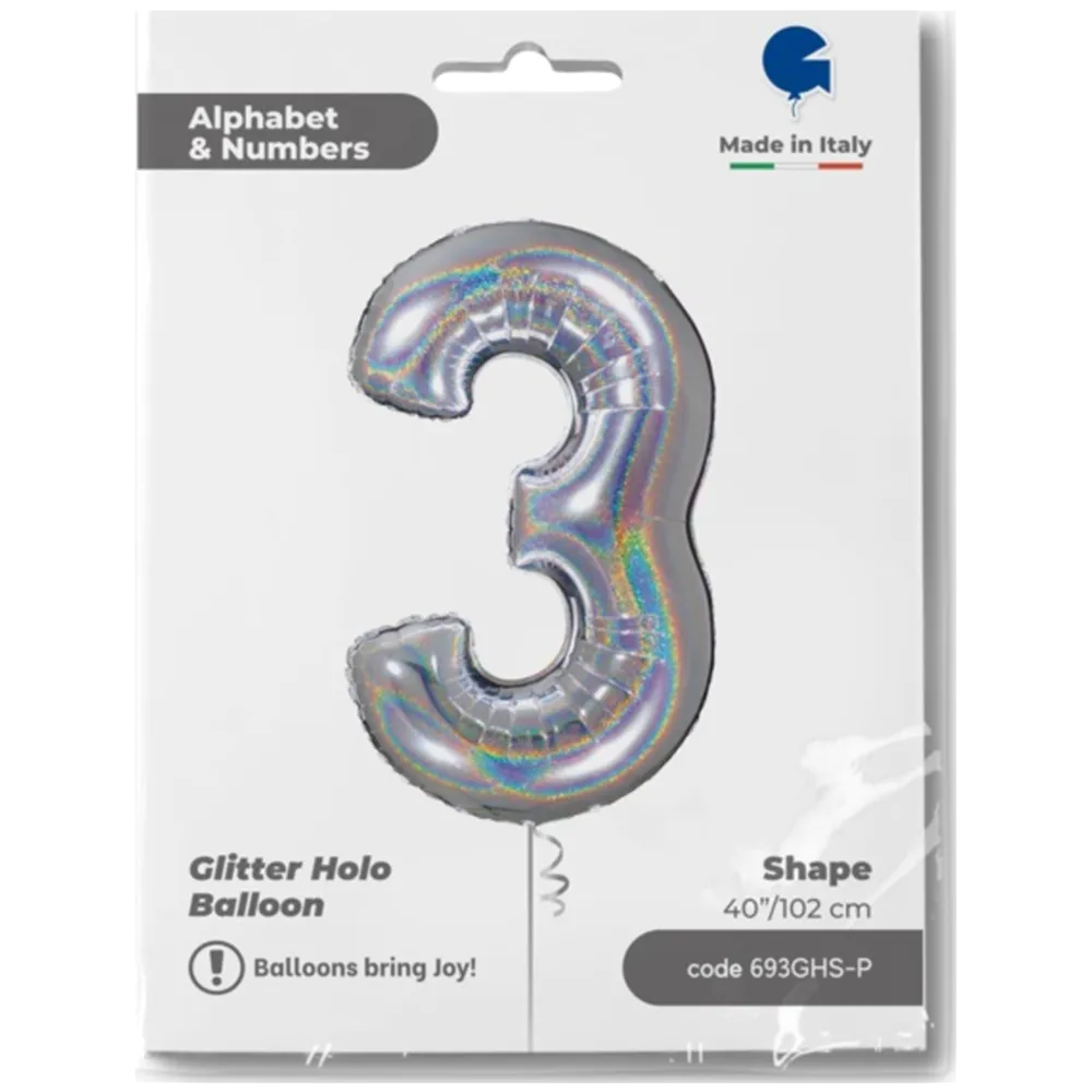 Balon Folie JUMBO CIFRA 3 Argintiu Holografic 102 cm Grabo