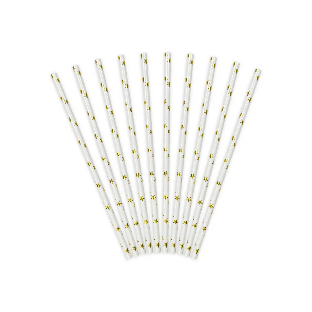 Set 10 Paie bautura hartie alba cu stelute aurii 19.5cm
