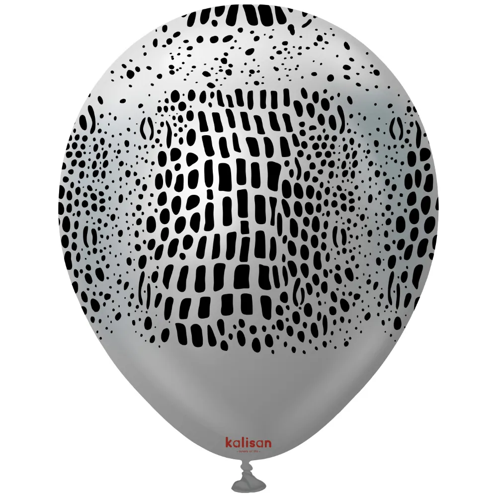 Baloane latex 30cm Safari Crocodile - Mirror Silver Print - Black