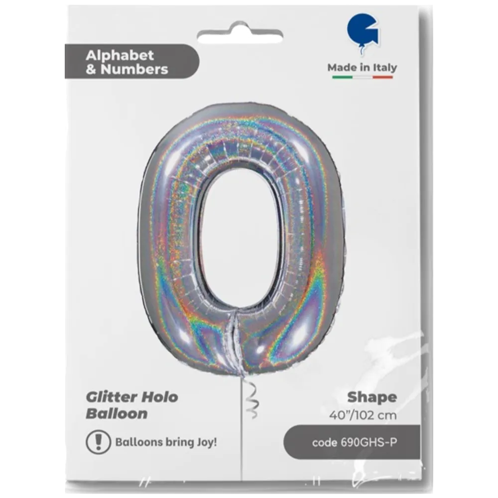 Balon Folie JUMBO CIFRA 0 Argintiu Holografic 102 cm Grabo