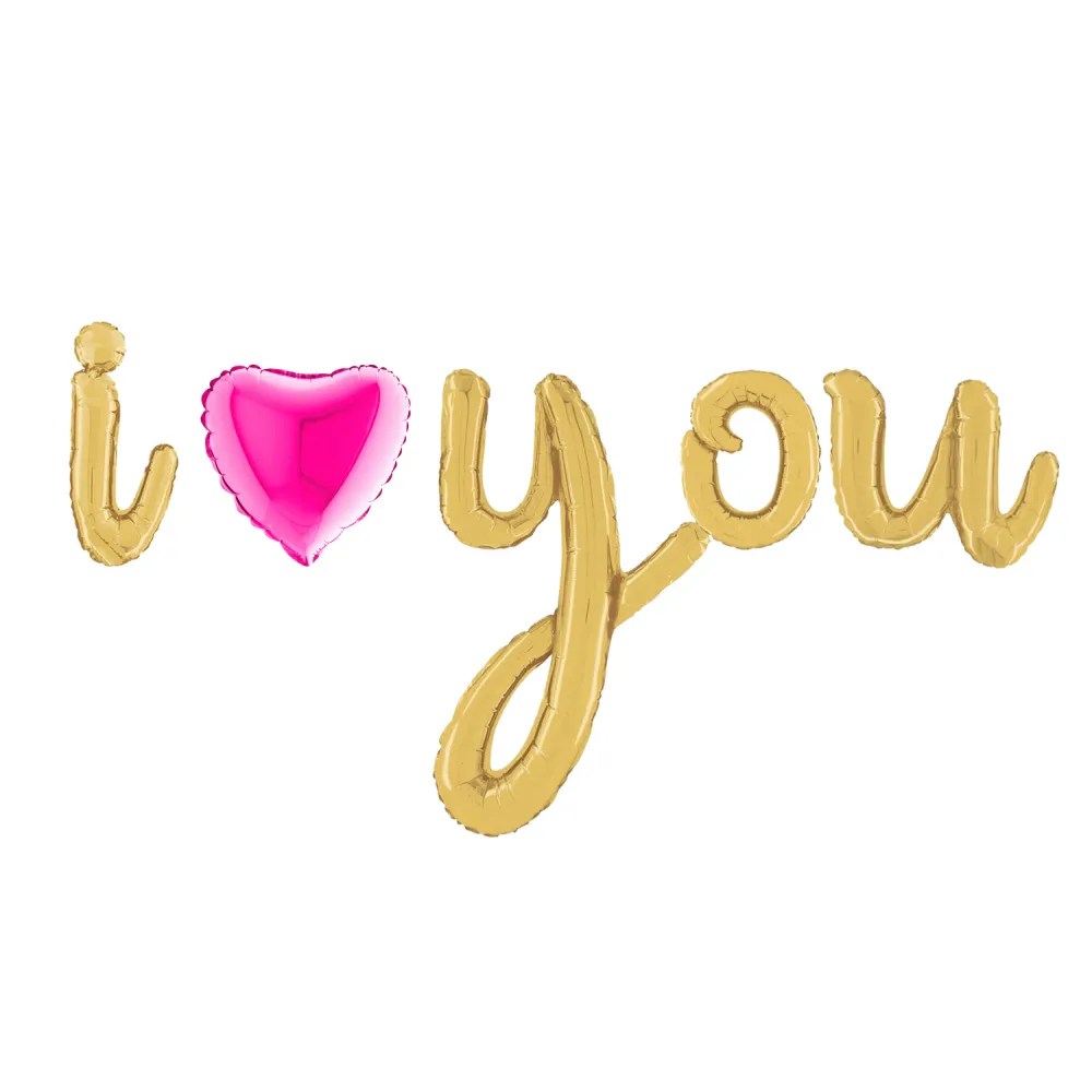 Baloane folie scris cursiv I Love You auriu cu inima fucsia